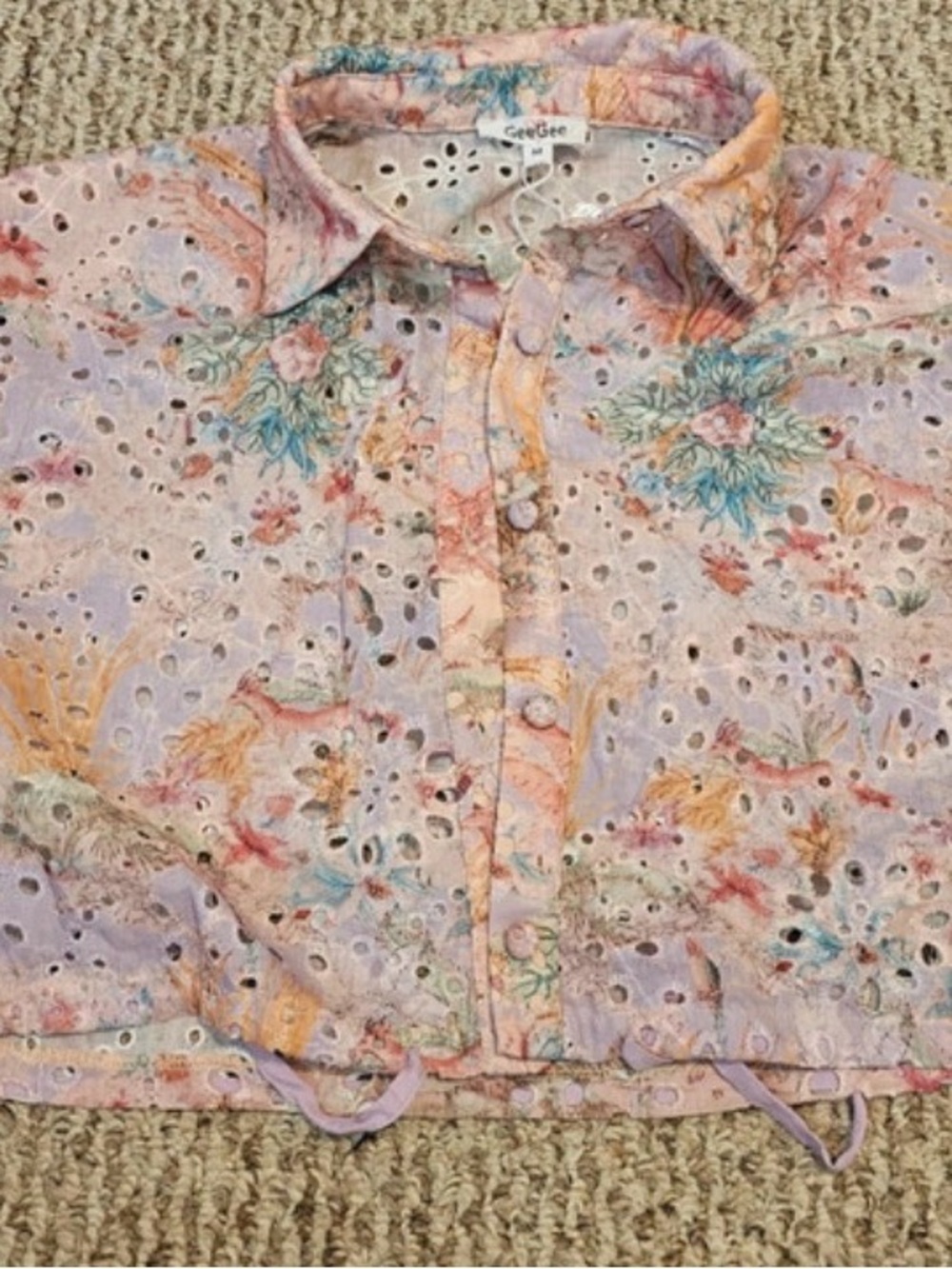 GeeGee Pastel Floral Eyelet Button-Down Shirt in Lilac